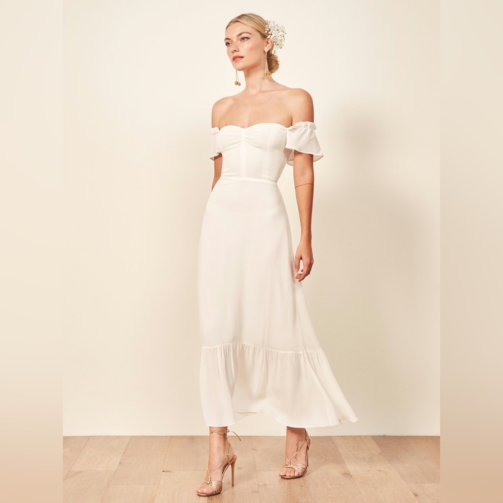 Reformation Off-Shoulder Cream Wedding Dress